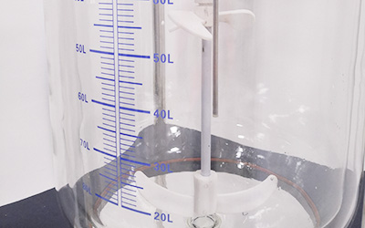 Reactor de vidrio con camisa de 100L detalle - Material de vidrio de alto borosilicato, ancla de agitación de doble capa, material de PTFE para anticorrosión.